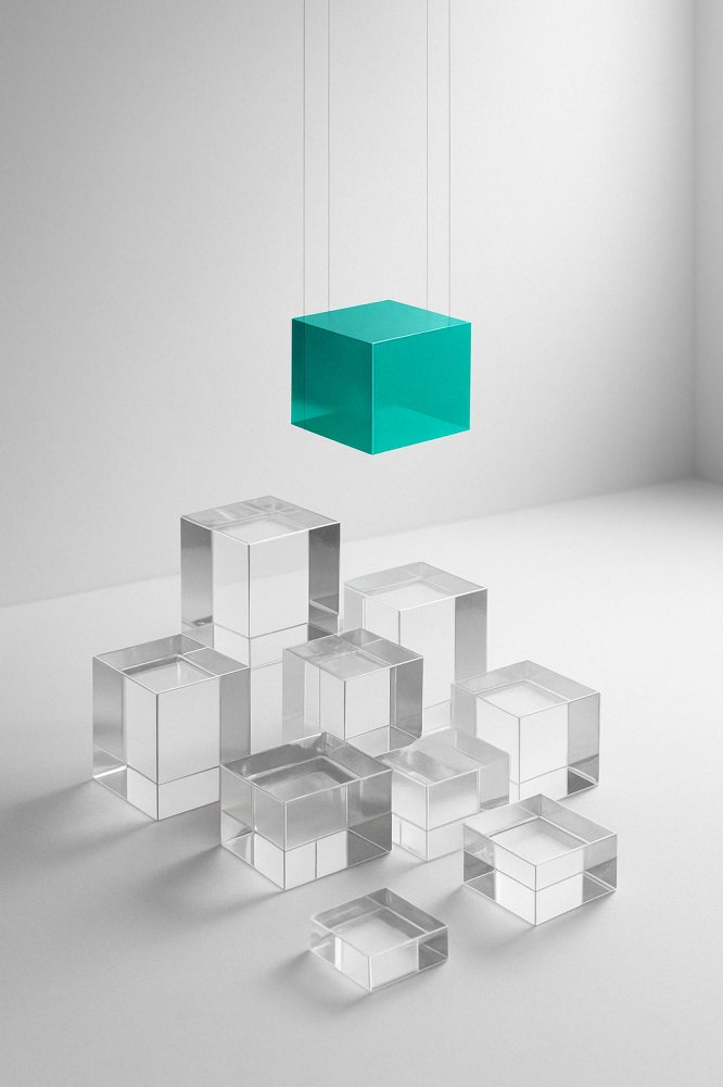 Cubo in vetro color verde acqua sospeso sopra un gruppo di cubi trasparenti
